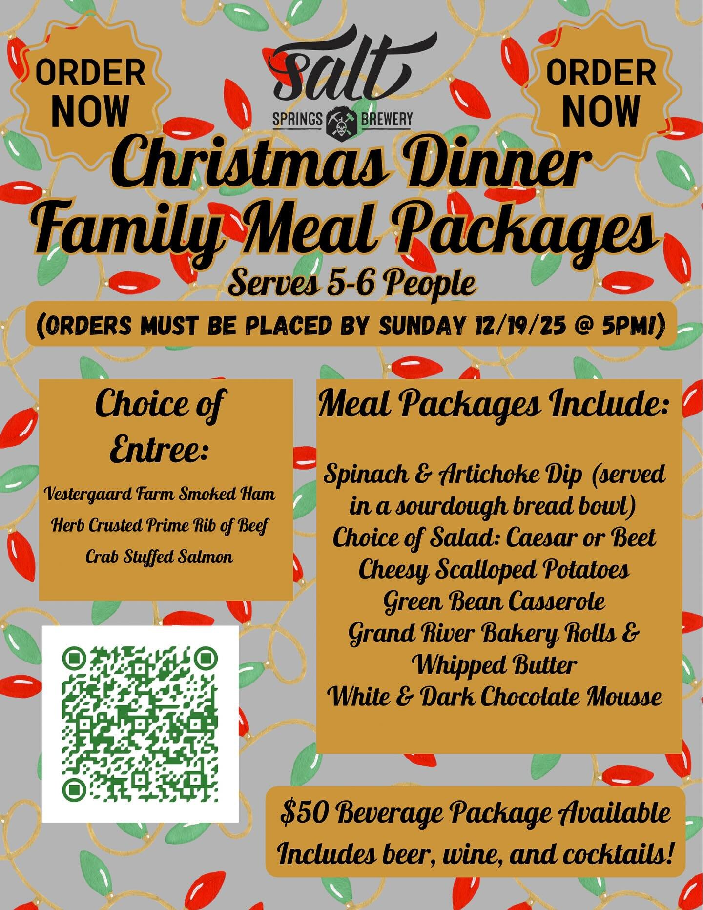 Get into the holiday spirit with Salt Springs Brewery&rsquo;s Christmas Dinner Family Meal Packages! 🍽️🎄 Serves 5-6, choice of premium entr&eacute;es, delicious sides, and dessert. Order by Dec 19 at 5PM. $50 beverage package available! Scan QR to 