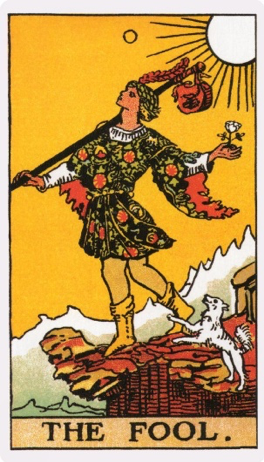 The Fool from the Rider-Waite Tarot deck. Originally published 1910, it is one of the most popular tarot decks in use for divination in the English-speaking world.