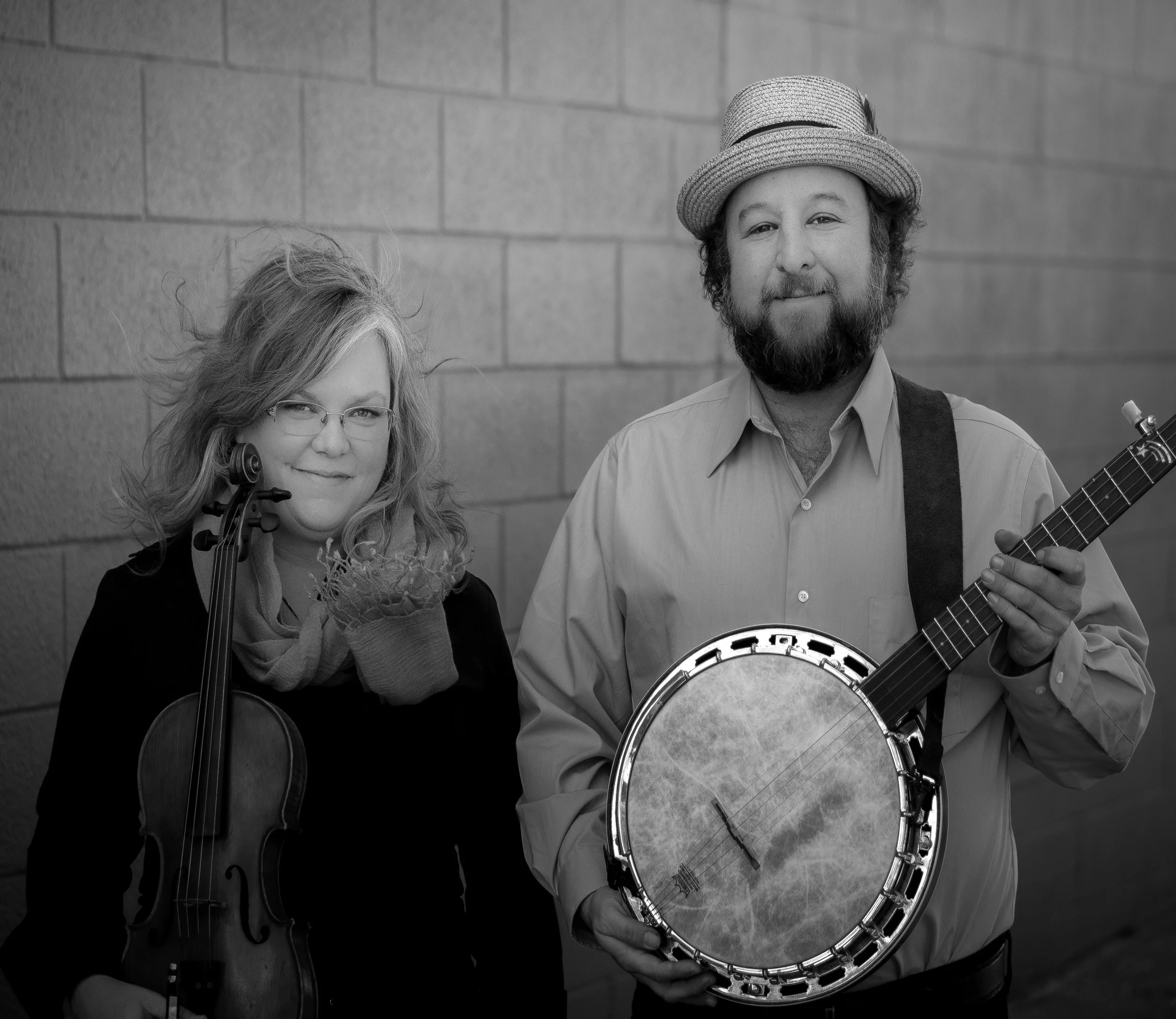 Betse &amp; Clarke with instruments promotional photograph, B/W. Photo credit: Clarke Wyatt