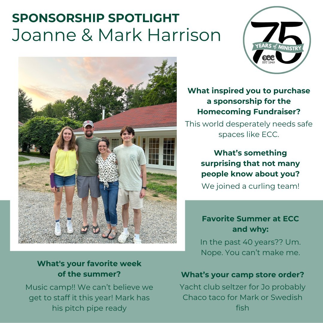 Remember to get your tickets for our Homecoming Fundraiser Saturday June 1st to celebrate 75 years of ministry! We have individual tickets and sponsorship packages available for the event. Thank you to the Harrison's for being one of our first Waterf