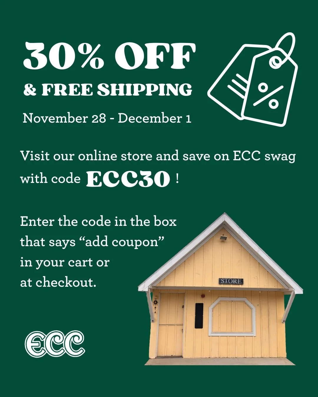 Enjoy 30% off ECC's online store now through December 1 by using the code &quot;ECC30&quot; at checkout! Link to the store is in our bio!