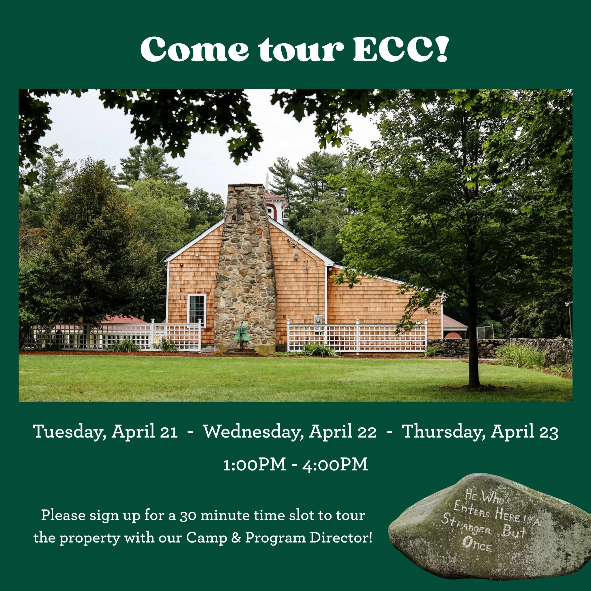 Are you new to ECC and interested in seeing the property? Are you hesitant to sign up your camper sight unseen? Come take a tour during April vacation with our Camp &amp; Program Director, Ally! Please use the link in our bio to sign up for a 30 minu