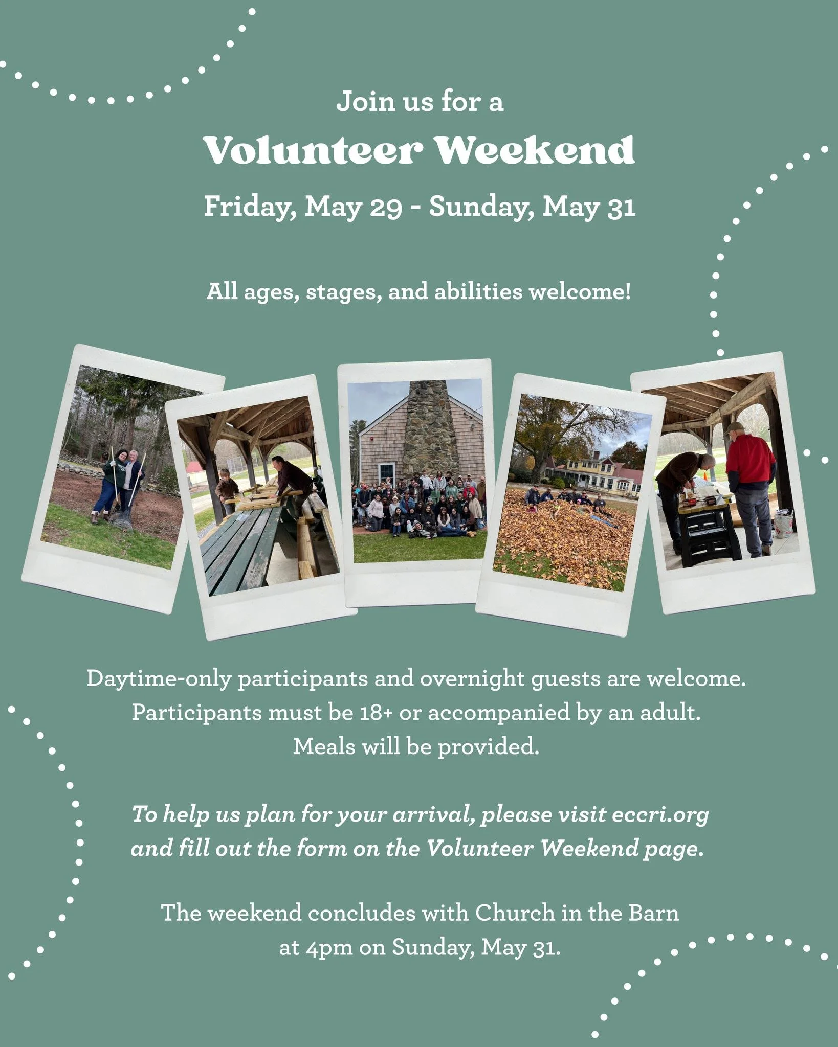 Get ready for fun weekend of service and fellowship! Join us May 29-31 as we complete various projects around ECC. All ages, stages, and abilities welcome! Come for as much or as little of the weekend as you&rsquo;d like. There is no cost to attend, 