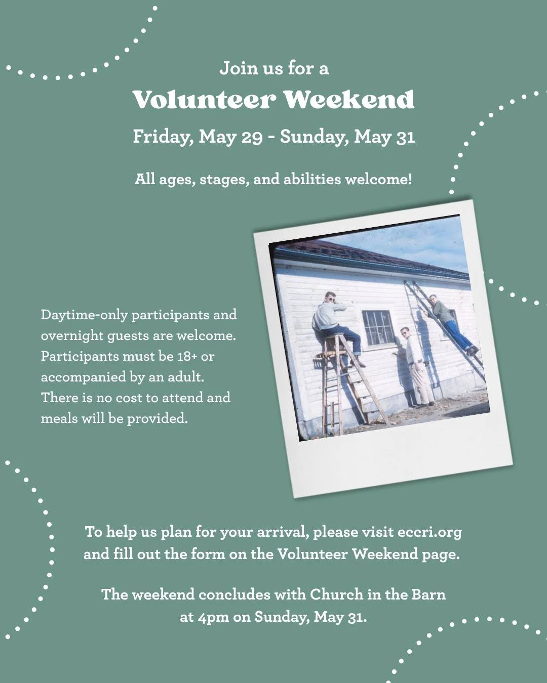 Join us May 29-31 for a weekend of work (and play!) as we complete various projects around ECC. Projects will include beautifying cabins, building a new fence at the waterfront, and more! Bring yourself, your family, or your friends for the day or st