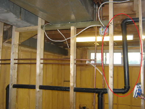 Very often venting is ignored - V enting had to be added into this bathroom configuration because it was far away from the main stack