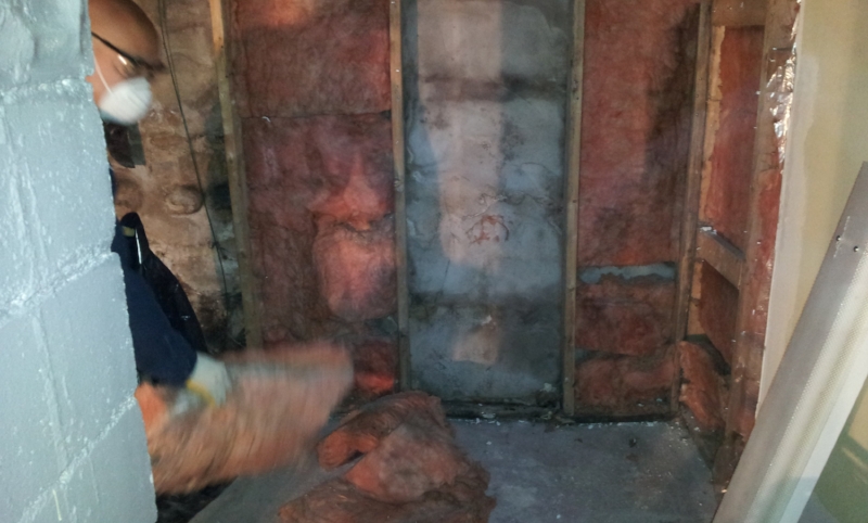 After removing the wall and insulation in this basement, you can see how bad the leakage is - rotting away the wood framed wall
