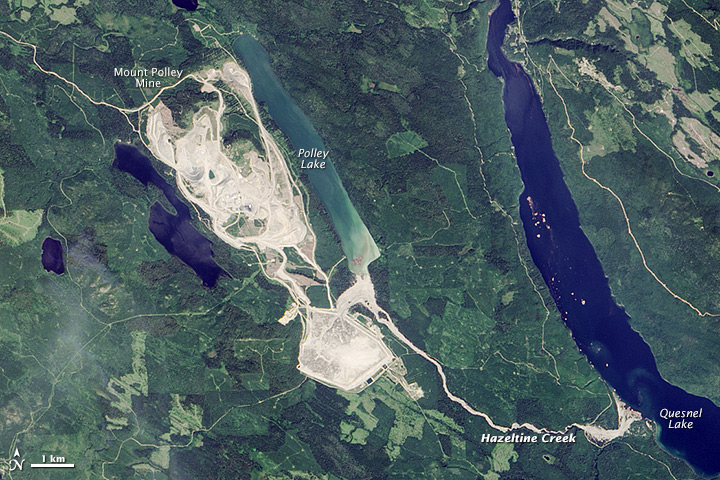 NASA aerial photos of the Mount Polley Mine site before (below) and after (above) the dam breach. 