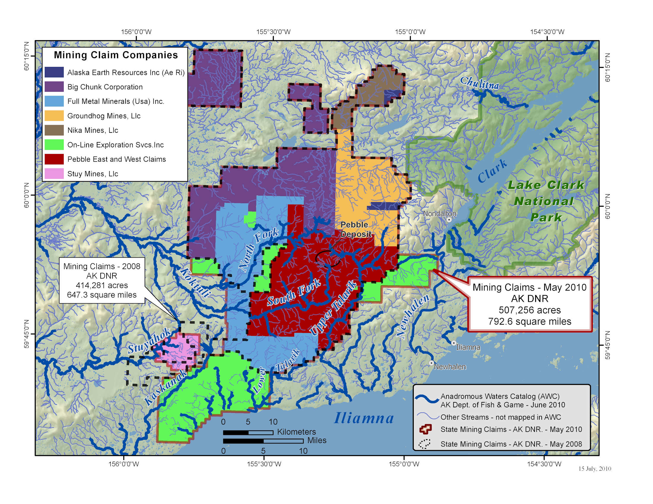 Mining claims in the region that become economically feasible with infrastructure developed by Pebble.