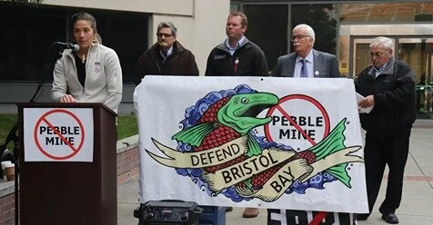 Lindsay Layland, Deputy Director of United Tribes of Bristol Bay, speaks during a press conference announcing the lawsuit on Oct. 8, 2019.