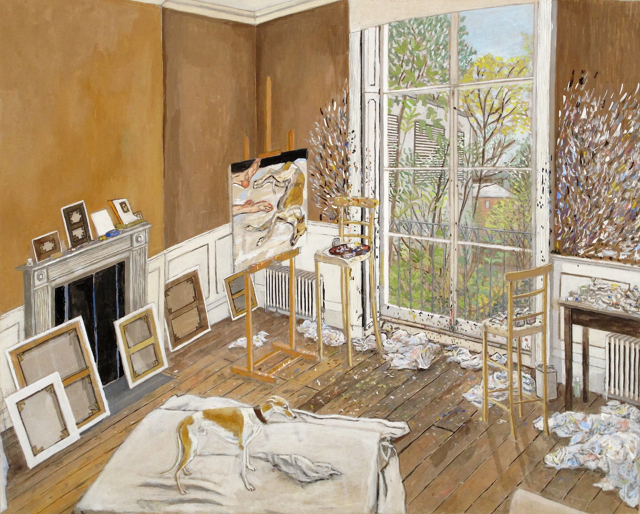 “Lucian Freud's Studio (London, 2002)" 2015, gouache on board, 19.25" x 24" (49 x 61 cm)