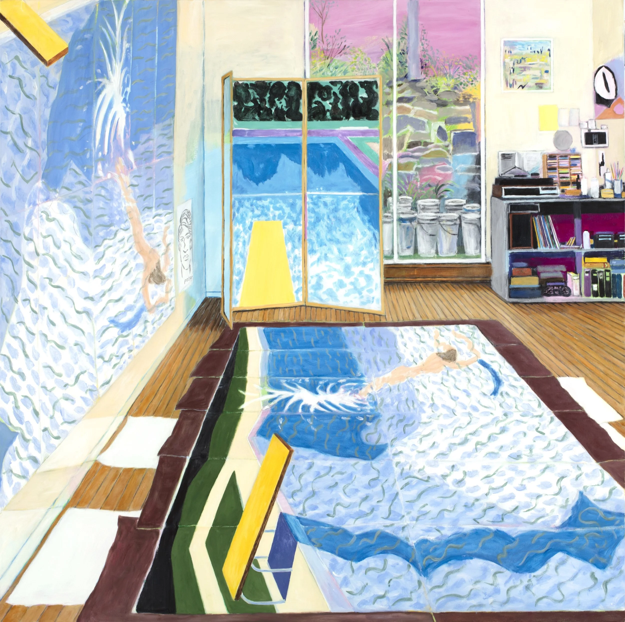 Hockney's Studio while painting Paper Pools, 66 x 66 in (168 x 168 cm) acrylic on canvas, 2019