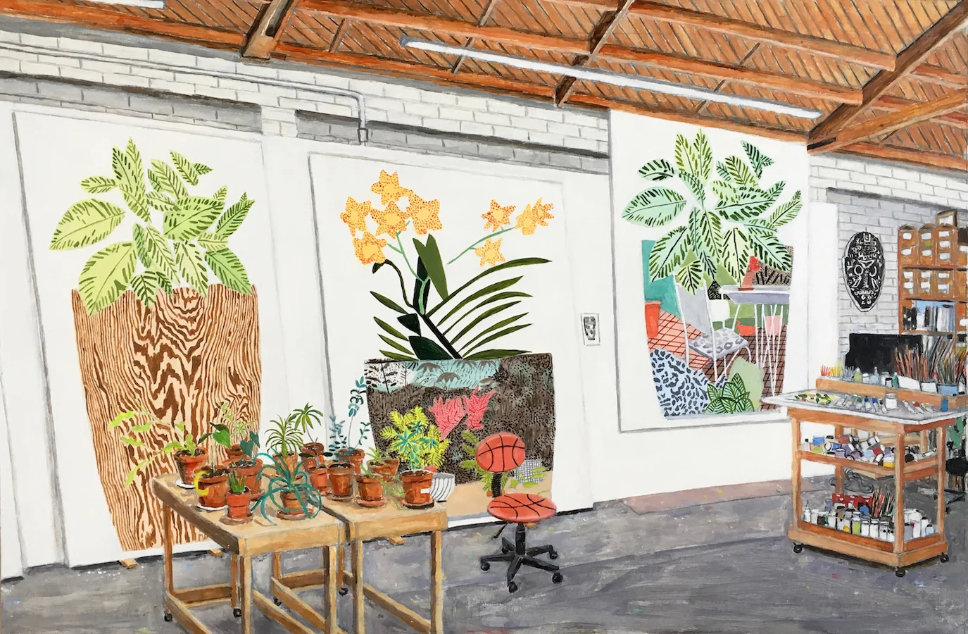 Jonas Wood's Studio, gouache on board, 18 x 27 in, 2019