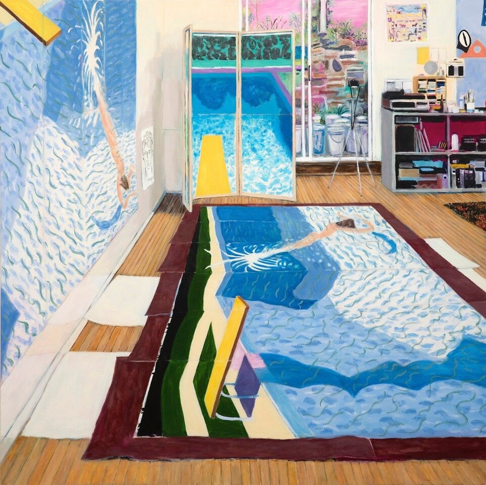  Hockney's Studio while Painting Paper Pools, 2016, acrylic on canvas, 66 x 66 in/168 x 168 cm 