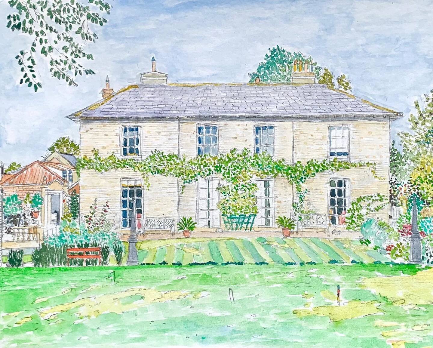 Visiting England. My godmother has a new home and so I painted a new postcard for her.