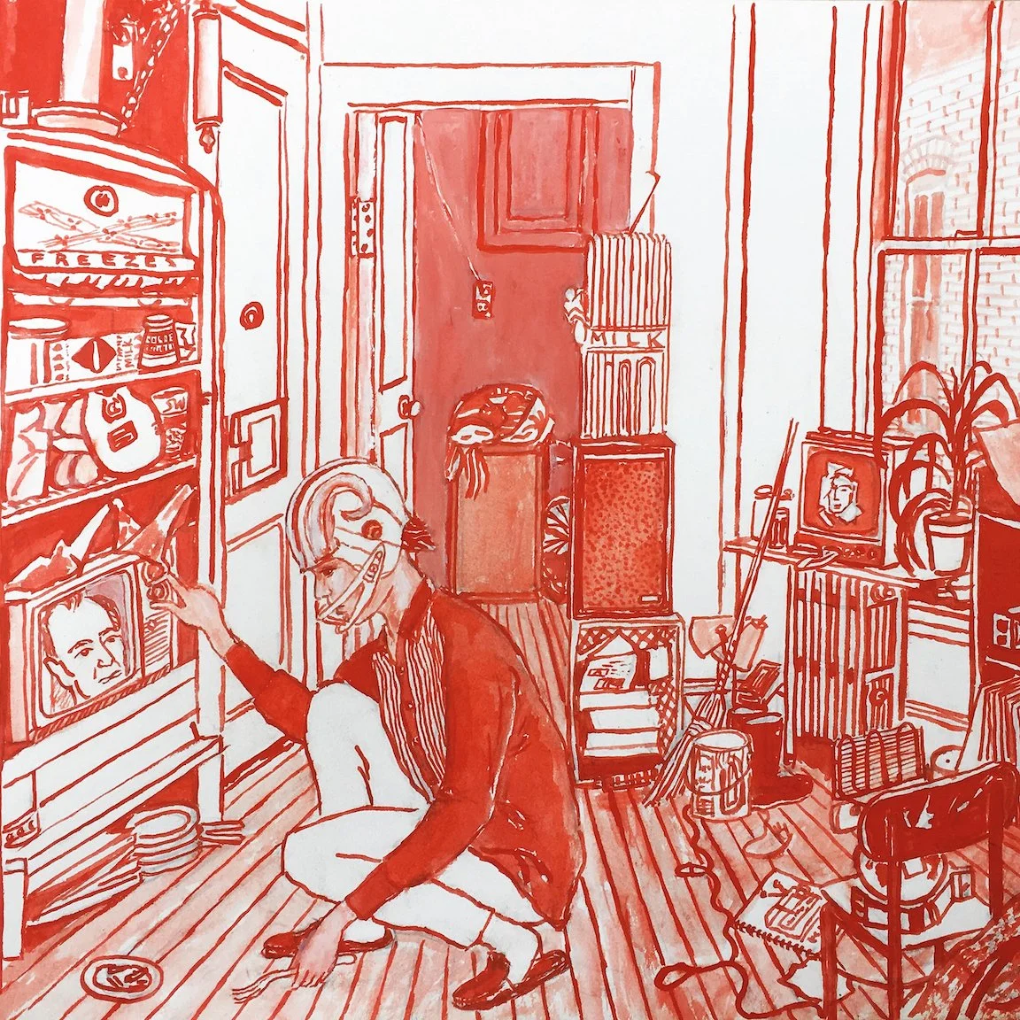 Basquiat in football helmet, red ink on paper