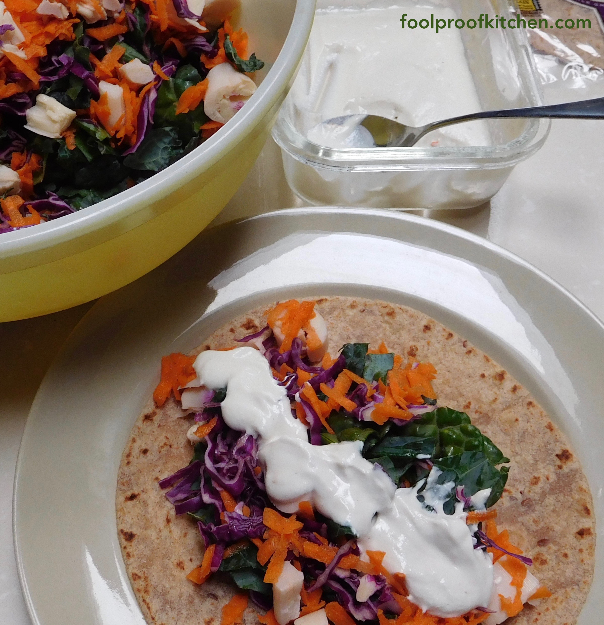 Ancient grains tortilla with salad and cashew cream