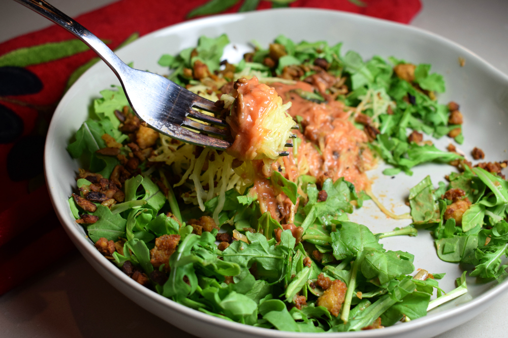 Sept 15 Spaghetti Squash w Creamy Tomato-Basil Sauce and Arugula.JPG