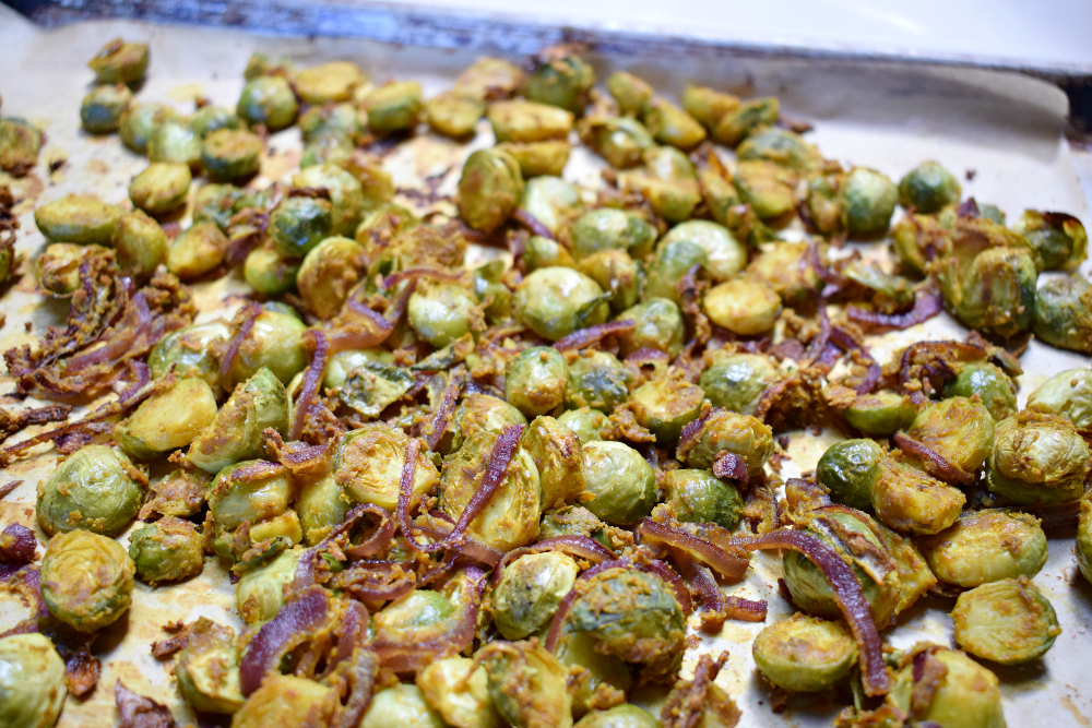 Sept 8 Curry Roasted Brussels Out of the Oven.JPG