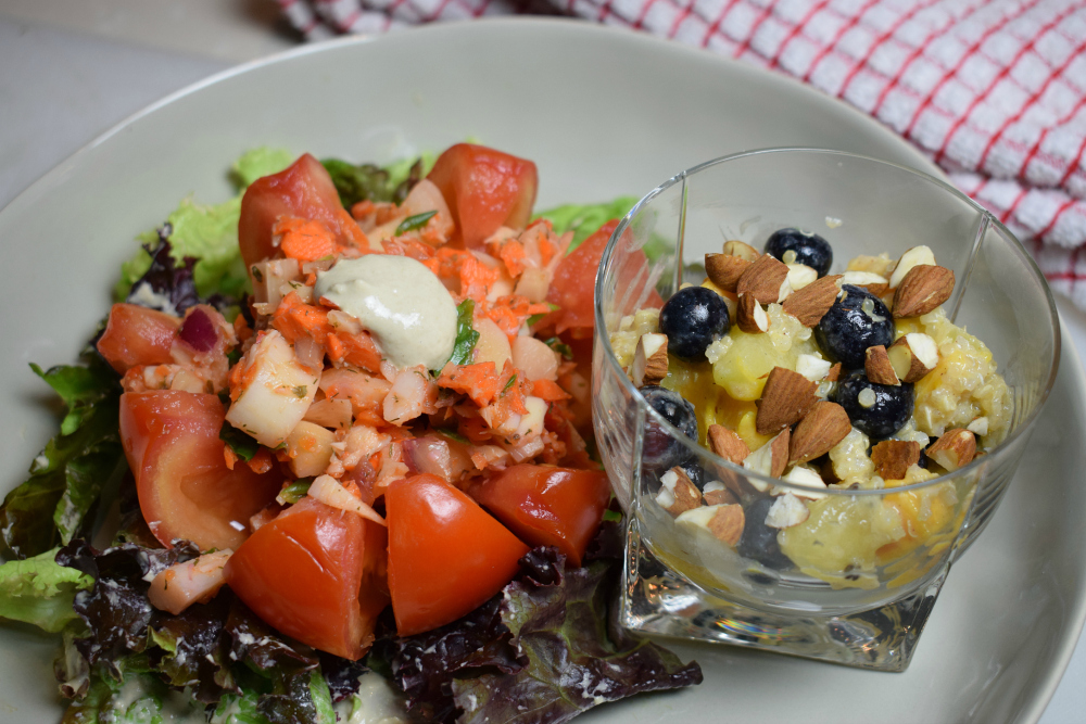 Aug 25 White Bean Crab Salad + Quinoa Fruit Salad.JPG