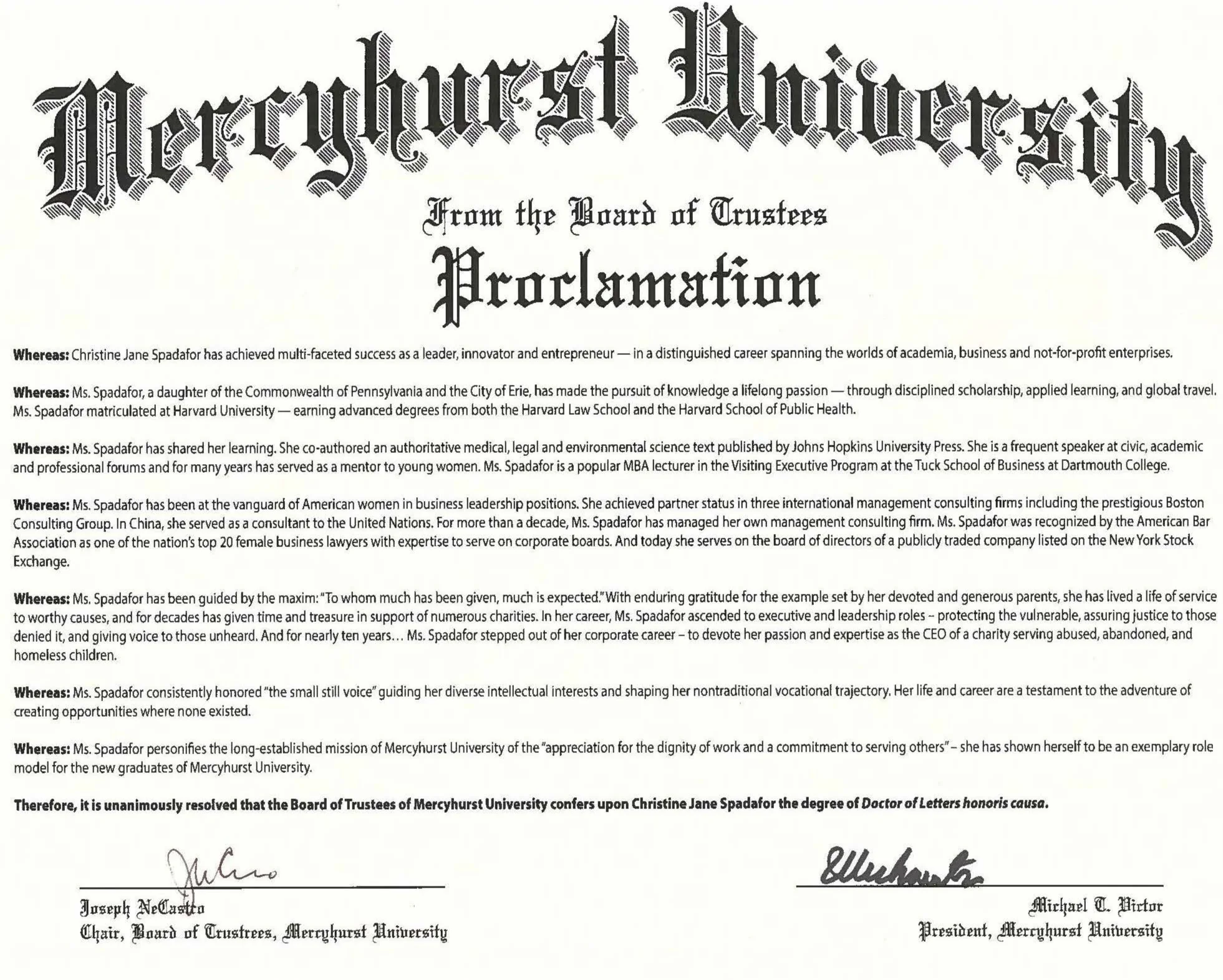 Christine Spadafor Honorary Doctorate From Mercyhurst University