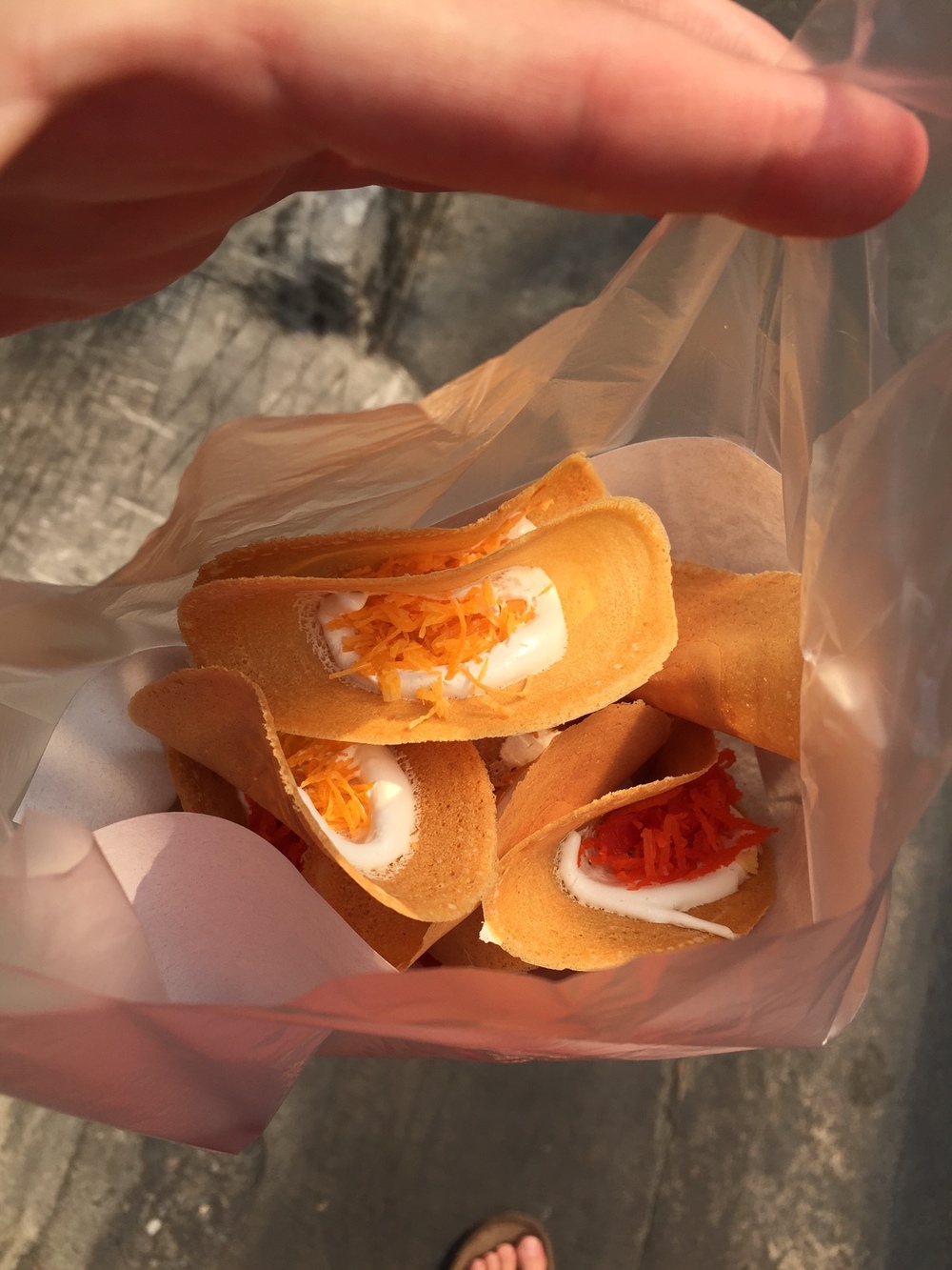 Thai Taco - Fortune Cookie with Melted Marshmellow and Sprinkled with Sugar Fried Coconut 