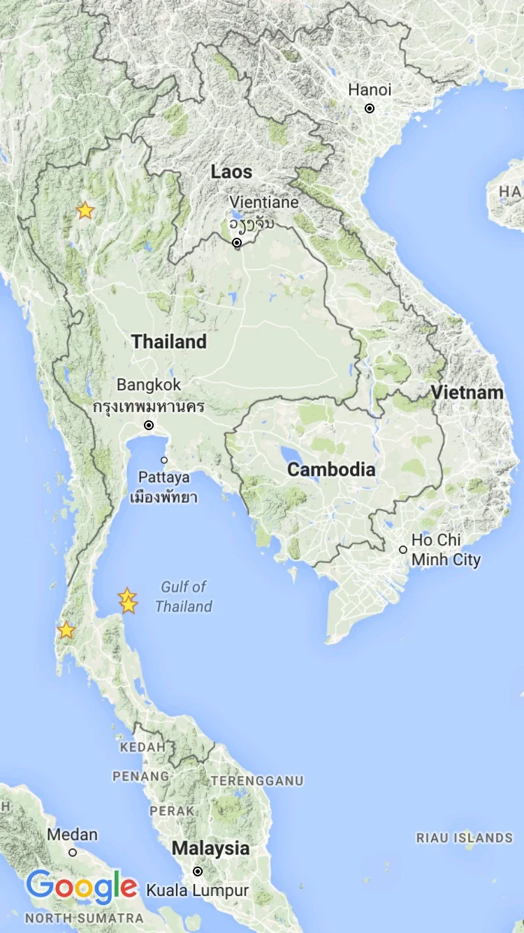 Khao Sok (the far southwest), Koh Samui and Ko Pha Ngan (southeast - Gulf of Thailand), Chiang Mai (far north).