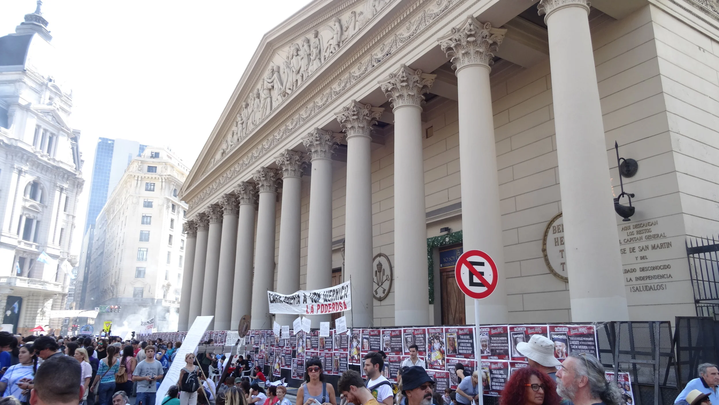 Buenos Aires has a history of revolutionaries and protesters. Many people came out to Plaza de Mayo to show there displeasure for present Obama's first visit to Argentina. The visit is controversial here because it comes on the 40th anniversary of the March 24, 1976, military coup that the U.S. initially supported, and resentment still lingers over the tens of thousands of people who disappeared or were killed under military dictatorship. (@usatoday.com) Note: The building to the right is where Bishop Francis, now Pope Francis, held mass on Sundays.