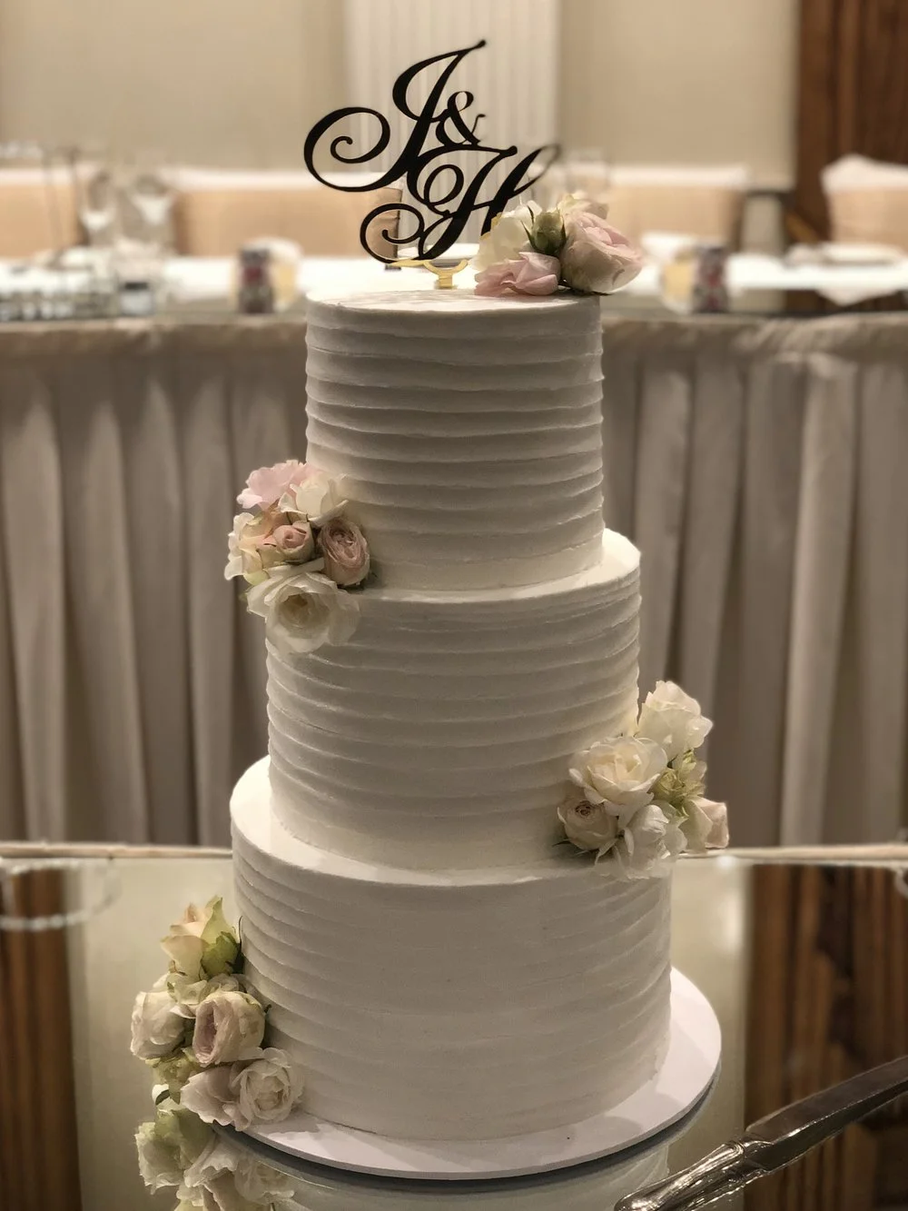 3 Tier Horizontal Lined Buttercream with Fresh Flowers