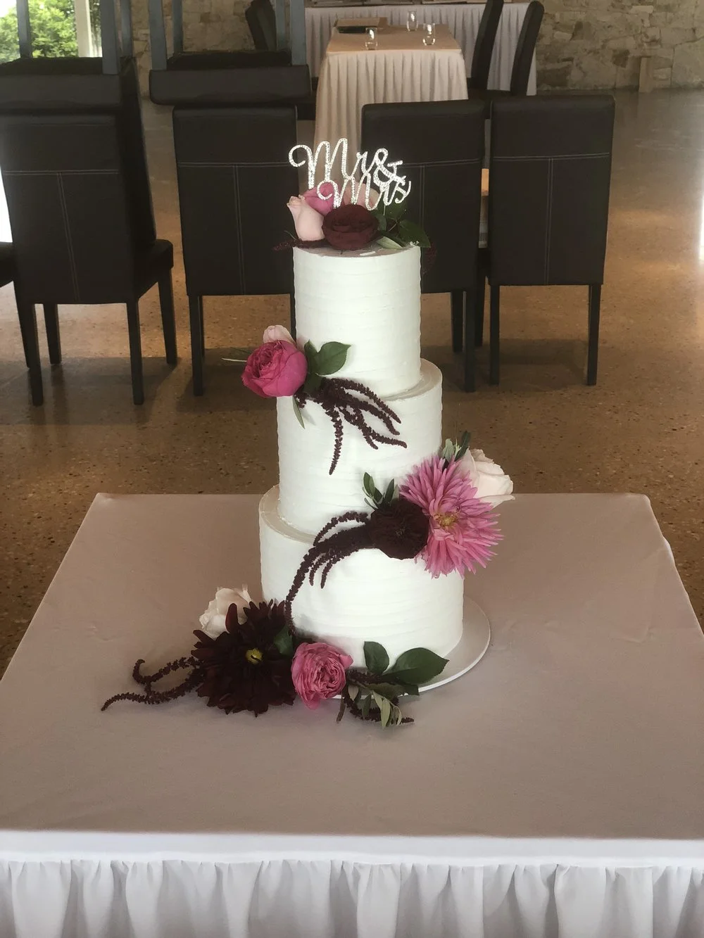 3 Tier Horizontal Lined Buttercream with Fresh Flowers