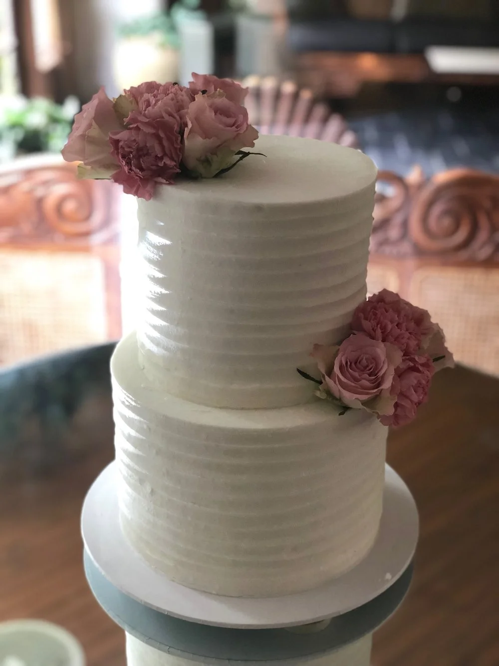 2 Tier Horizontal Lined Buttercream with Fresh Flowers