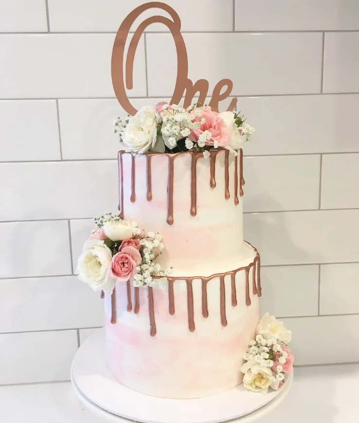 Watercolour Buttercream Cake with Rose Gold Drips & Fresh Flowers
