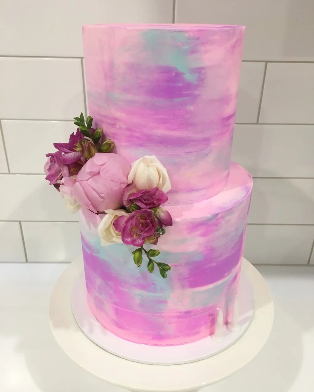 Pink & Purple Watercolour Buttercream Cake with Fresh Flowers