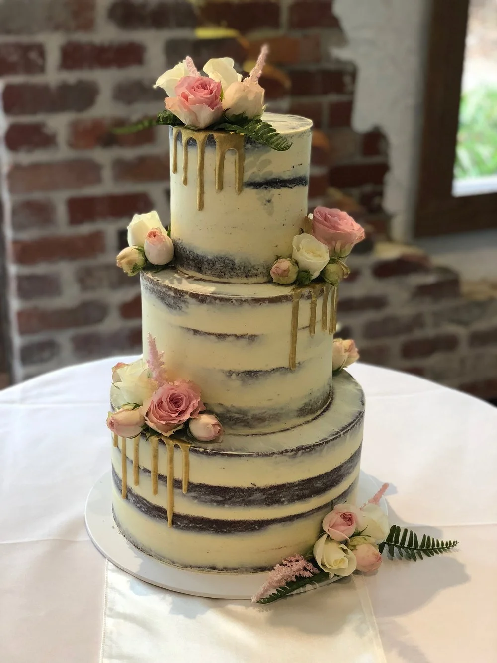 3 Tier Naked Cake with Gold Drip & Fresh Flowers