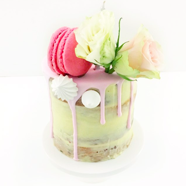 Mini Naked Drip Cake with Macaron & Fresh Flowers