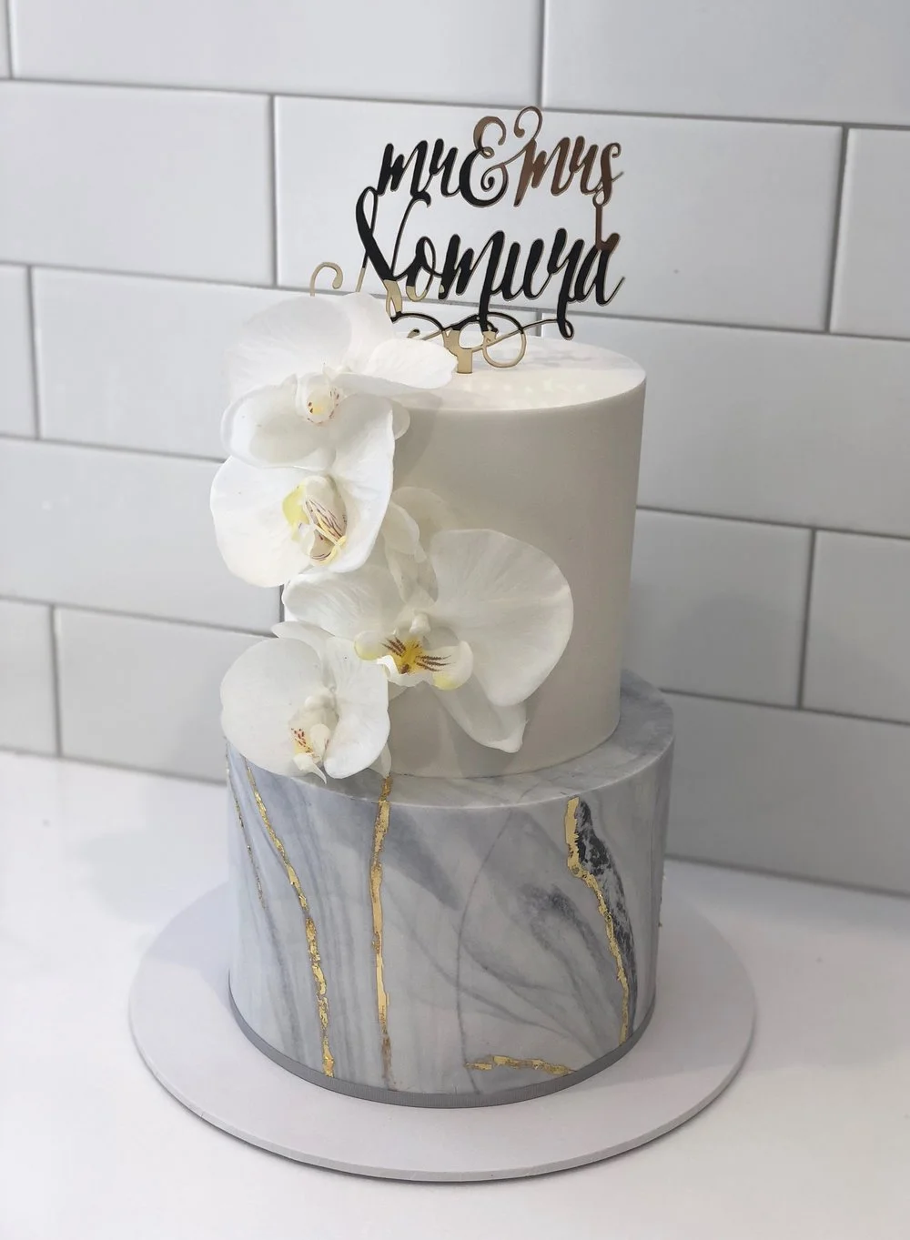Marble & Gold Leaf Wedding Cake with Phalaenopsis Orchids