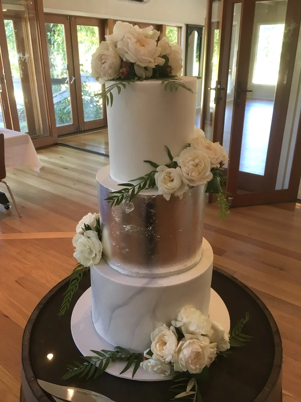 Marble & Silver Leaf Wedding Cake with Fresh Flowers