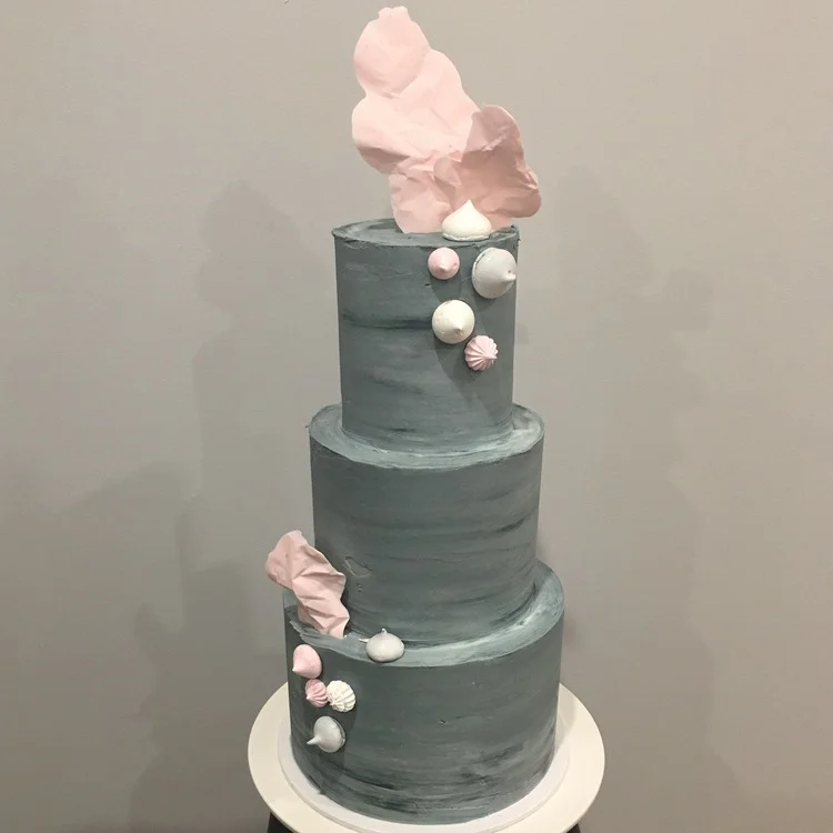 Grey Concrete Buttercream Cake wth Meringues & Pink Chocolate Sails