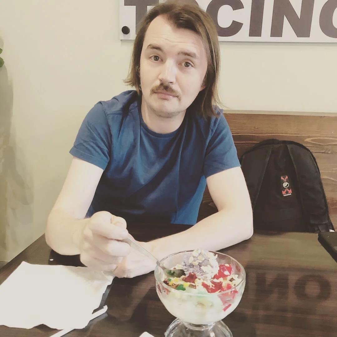 Sweets for the sweet: Galen and a bowl of halo halo (a Filipino dessert) at Neri’s in Ktown, August 2019.