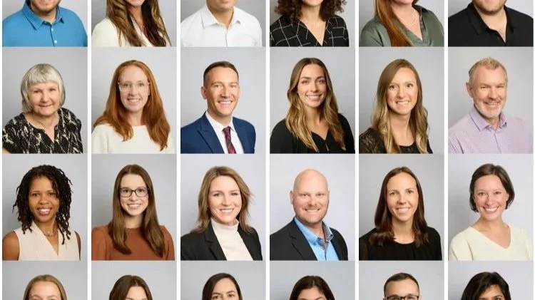 Collage of 16 diverse professional headshots of men and women in business attire.