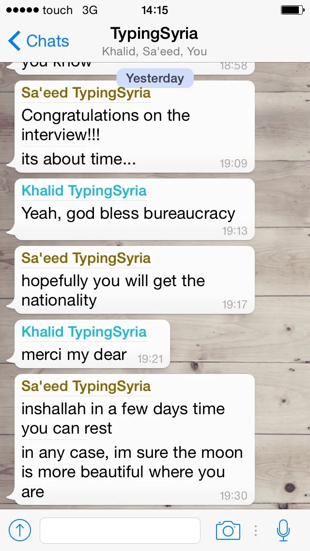 4/3/15, 3:15:48 PM: 92: Hmm I assume nationality means asylum status - Age 22, Lebanon