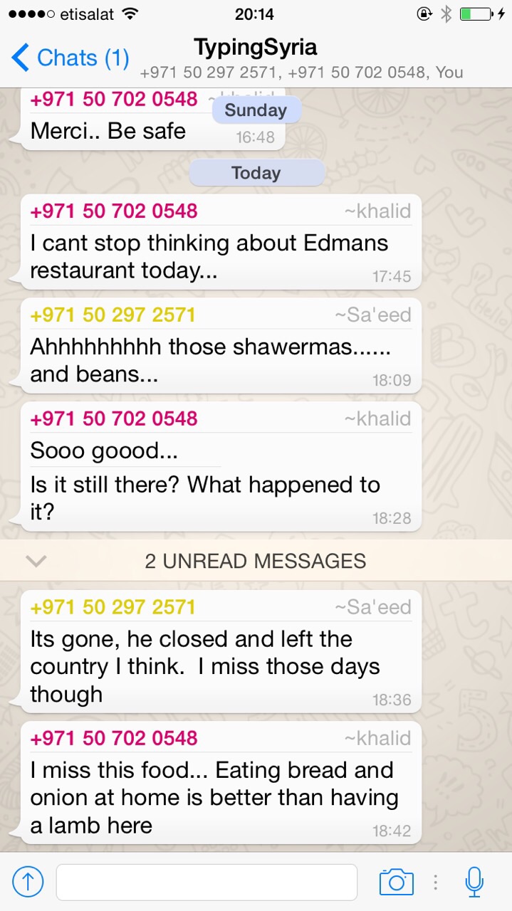 4/14/15 8:16pm: Yessssss! So much of home is tied up with food, whether it’s bagels or shawerma, or really delicious coffee or wine. -Age 37, United Arab Emirates