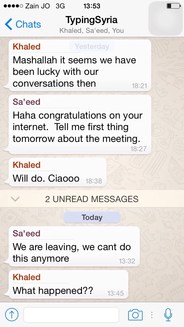 4/17/15, 2:54:18 PM: I feel actual fear for Sa’eed… is he okay?? I am nervously waiting for the next message. 