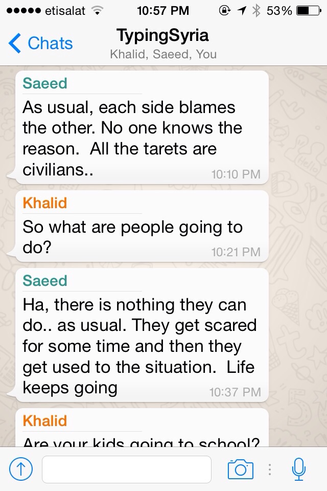 4/26/15, 11:04:14 PM: Reality sucks. Reasoning with people fueled by irrational anger is like trying to extinguish a wild fire with droplets of water. So we watch from the sidelines as it consumes everything. And that sucks too. - Age 22, United Arab Emirates