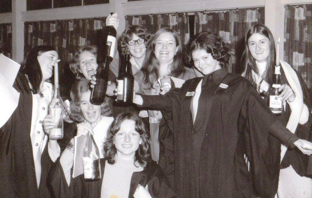 Valedictory dinner 1972. Maureen Hoddell,. Bev Vickers, Penny Clowes, Lyn Angel, Jane Burgess, Ann Osborne, Di McQuillan and Jenny Muir..jpg