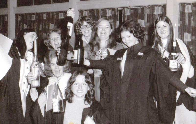Valedictory Dinner 1972. Maureen Hoddell, Bev Vickers, Penny Clowes, Lyn Angel, Jane Burgess, Ann Osborne, Di McQuillan and Jenny Muir
