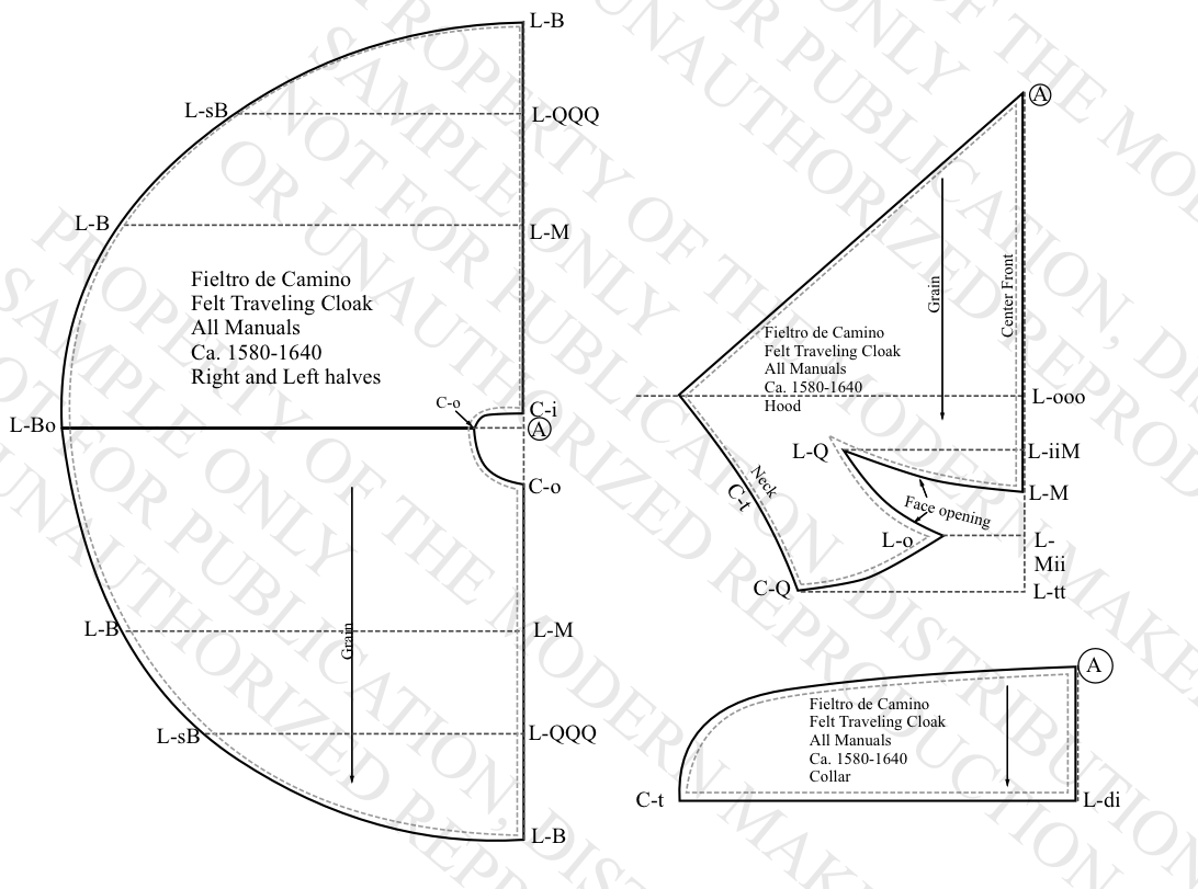 Here is the draft I used to make my cloak. There are some slight variations for example the version in my construction photos is Bs in length rather than B though this shorter length really does appear in the manual. I just made mine longer to fit with Alcega's draft.