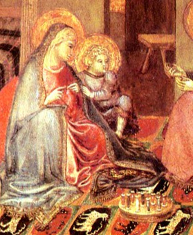 A close-up of A painting of the Holy Family attributed to Ambrogio Lorenzetti of Siena, c 1345