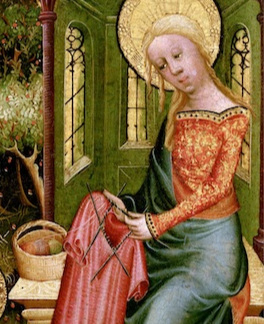 A close up of Madonna Knitting, Bertram of Minden (1400-1410)