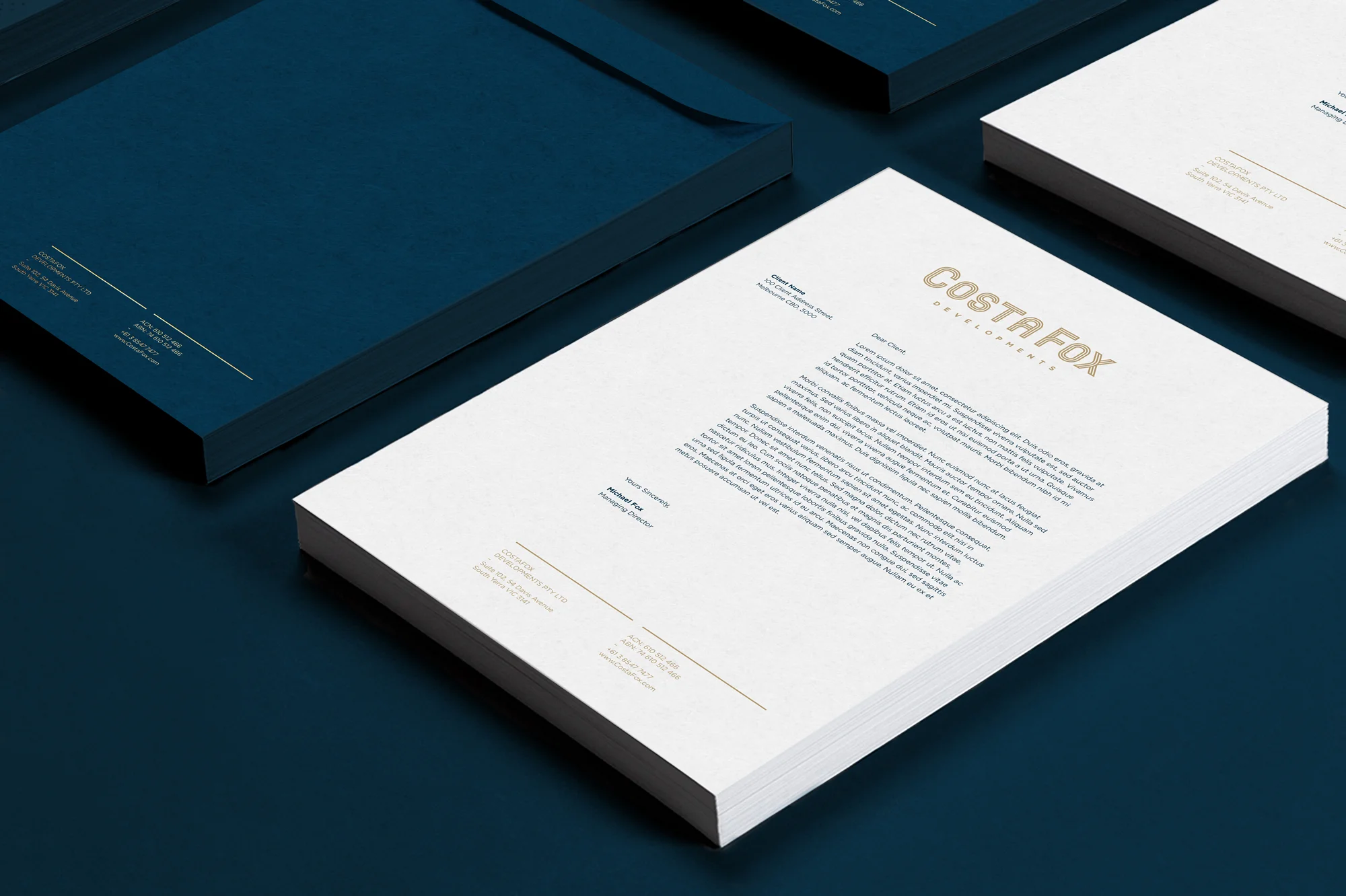CostaFox Property Developer Branding applied to letterhead and custom envelope