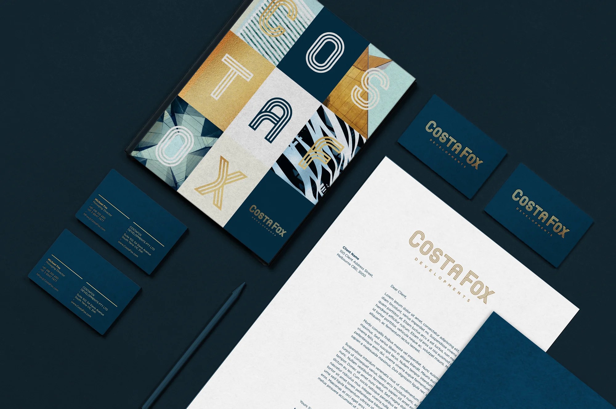 CostaFox Property Developer Branding applied to front cover of book and various stationary items